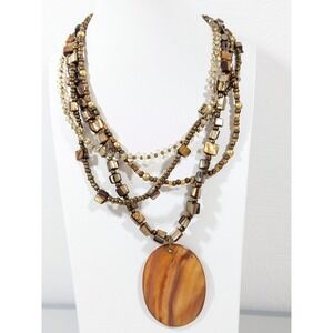 Brown Shell Pendant Necklace Multi Strand Gold Tone Coastal Boho Layered 21"